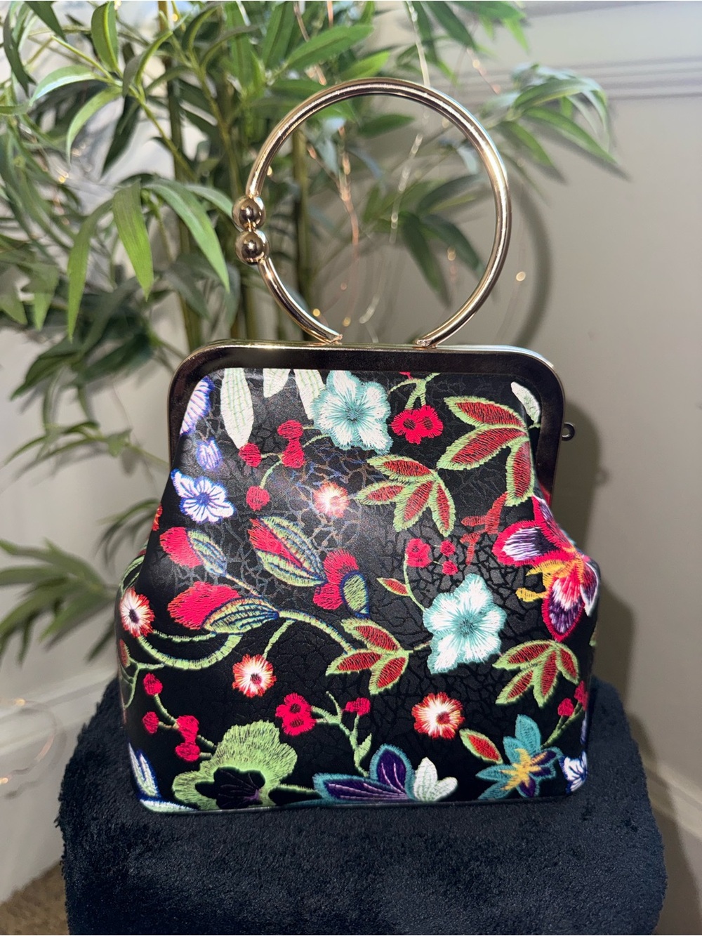 Black Floral Embroidered Wristlet Clutch with Gold Ring Handle